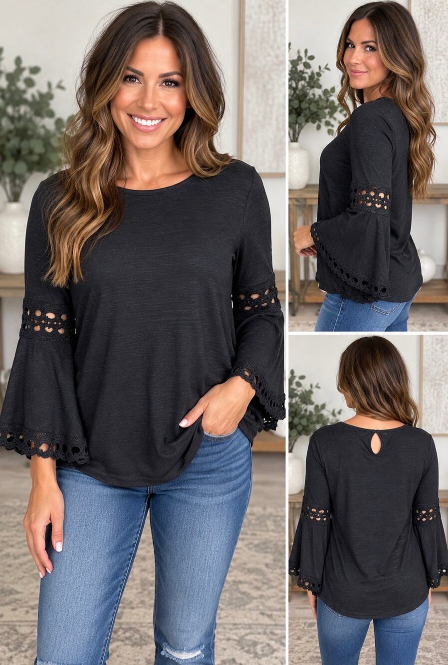 Thomas & Olivia Black Bell Sleeve Crochet Lace Boho Top Size S NWT